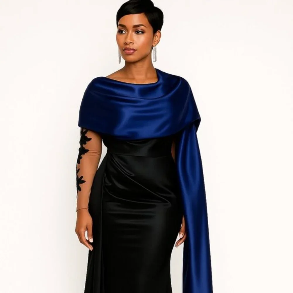 Blue Satin Evening Shawl Wrap – Extra-Long 25.6 × 86.6 in Bridal Pashmina